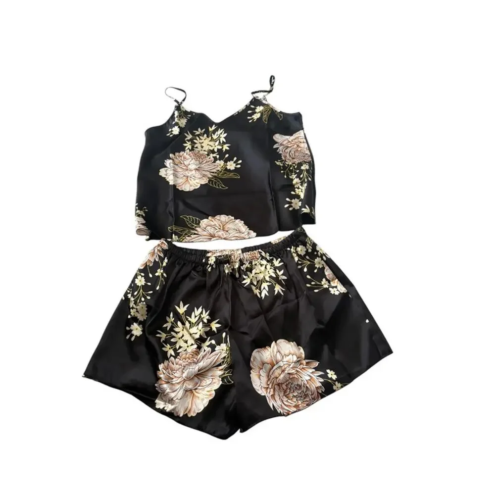 Boutique Black Cream Floral Satin Two Piece Shorts Set V neck set Top M 6 NWT